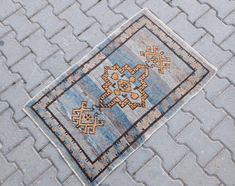 Small Turkish Oriental Handmade Wool Oushak RUG, 2x3 Feet Blue Gray Yellow Black