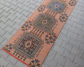 Può includere: Un tappeto runner rettangolare color pesca con un motivo ripetuto di forme geometriche e motivi floreali. Il tappeto presenta un disegno centrale con accenti blu, verdi e marroni e un bordo rosso. Il tappeto è probabilmente realizzato in materiale tessuto.