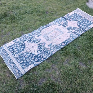 Persian Runner for Hallway, Navy Blue and Beige 2.5x8 Feet Wool and Cotton Rug Runner, Vintage Kitchen Rug Runner