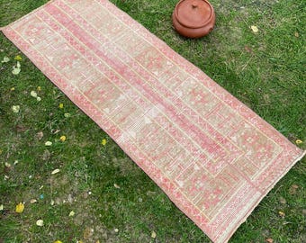 Vintage Turkish Runner Rug: 2x5 Oushak Wool Patchwork, Boho Decor