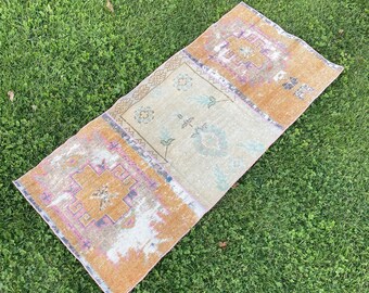 Vintage Turkish Patchwork Rug 2x4: Distressed Wool Doormat
