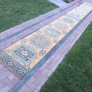 2x22 Ft Ekstra Long Runner For Stair, Oushak Turkish Runner Rug for Corridor 2.4x22.5 Feet, Yellow Blue Green