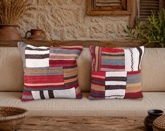 18x18 Patchwork Kilim Pillow Cover, Turkish Vintage Rug Pillow, Handmade Kilim Cushion, Boho Decorative Pillow, Anatolian Patchwork Pillow