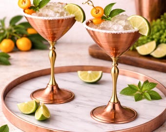 Lot de 2 verres à martini en cuivre - Verres à cocktail faits main - Revêtement intérieur en nickel sans danger pour les aliments - Ensemble cadeau d'articles de bar vintage