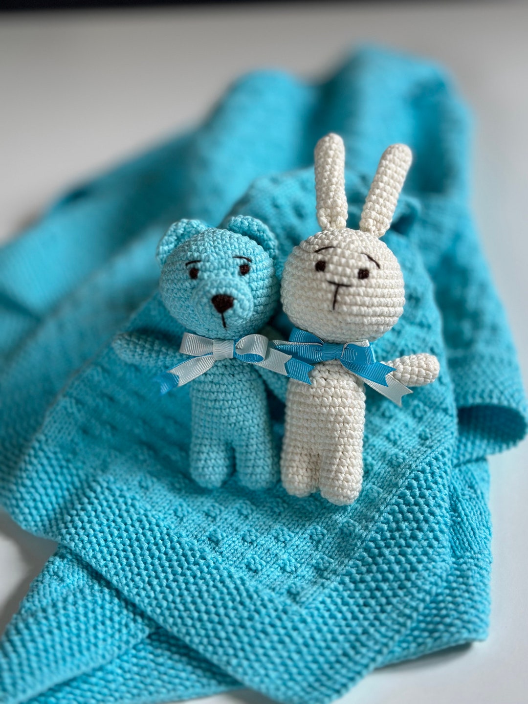 Hand Knitted Baby Blanket With Two Crochet Toys Etsy