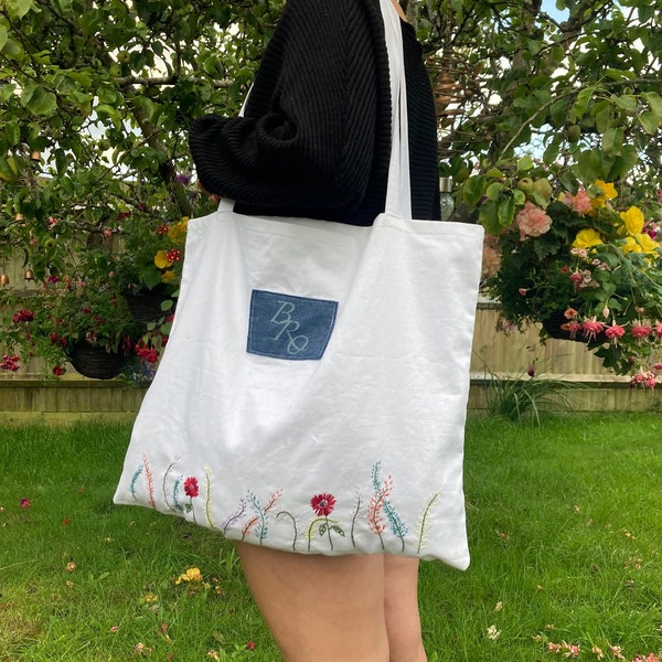 Large cotton tote bag/shoulder bag with handstitched embroidered wildflowers