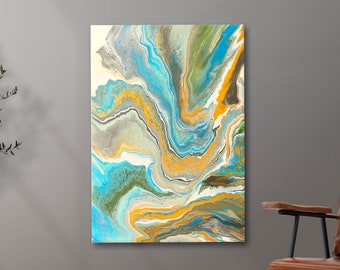XL Marbled Pouring Art sobre lienzo "Olas de mármol", 70 x 100 cm, hecho a mano
