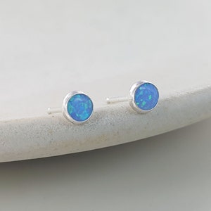 4mm Blue Opal Round Silver Stud Earrings