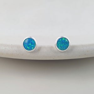 Small Ocean Blue Opal Silver Stud Earrings • Sterling Silver Studs • Opal Studs • Bridesmaid Earrings • Celestial Jewellery • Wedding Gift