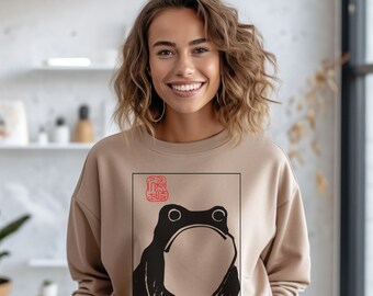 Grumpy Frog - Unimpressed Frog Sweatshirt Cute Frog by Matsumoto Hoji, Vintage Style Art Sweatshirt Kawaii Japan WoodBlock Print Style Edo