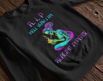 Cyberpunk Halloween Sweatshirt | Librarian | Book Lover | Reading Cyber Punk | Psychedelic Skeleton | Bookworm Gift | Digital Art | Fall