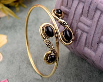 Natural Black Obsidian Bangle , Gemstone Bangle , Ethnic Cuff Bracelet , Adjustable Bangle , Gold Plated Jewelry