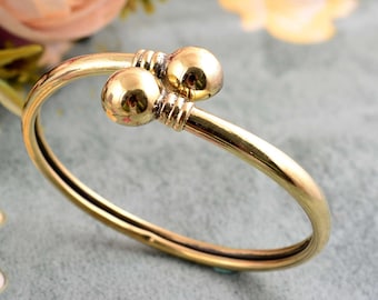 Gold Plated Double Ball Bangle: Adjustable Open Cuff Bracelet
