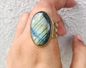 Handgjord labradorit Statement-ring: Förlovningsring med lång sten