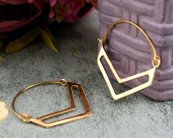 Small Gold Triangle Hoop Earrings: Geometric Dangle Hoops