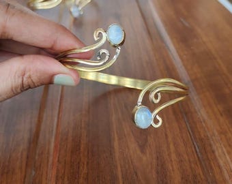 Rainbow Moonstone Gold Arm Cuff: Adjustable Boho Gemstone Armband