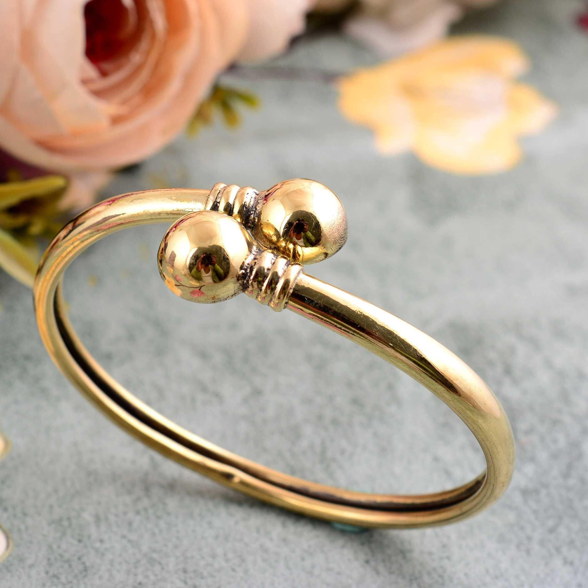 Gold Plated Double Ball Bangle: Adjustable Open Cuff