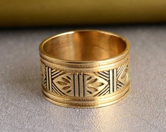 Gold Wide Band Ring, Women Lady Punk Vintage Mandala Statement Ring, Minimalist Geometric chunky boho large ring, Wide Thumb Ring