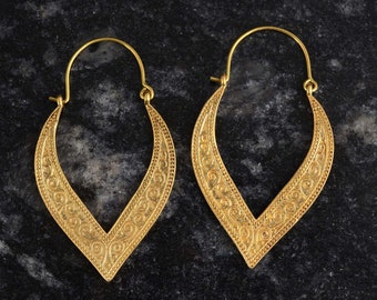 Handmade Earrings, Brass Gold Plated Designer Hoop Earrings, Gold Hoop Earrings, Nature Inspired Leaf Hoop Earrings
