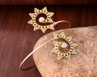 Gold Moonstone Arm Cuff: Adjustable Boho Upper Arm Band