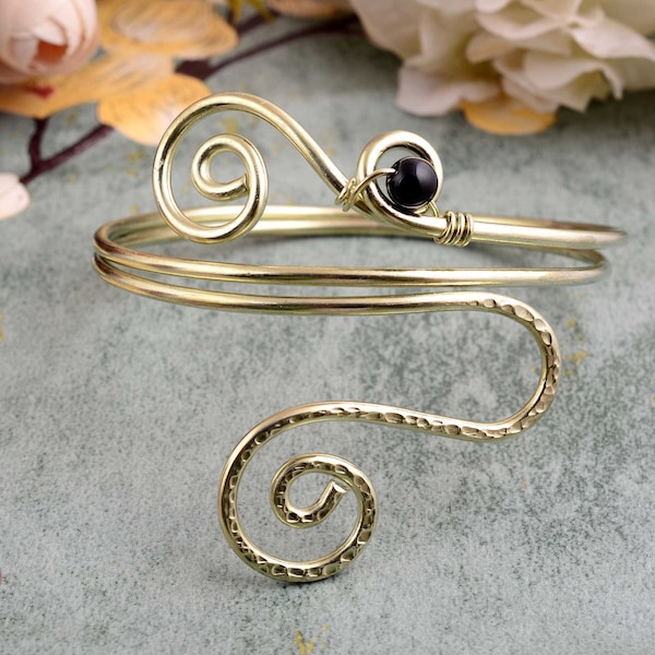 Gold Obsidian Swirl arm cuff, Handmade Spiral arm cuff, Upper arm band, Tribal Gemstone Crystal Bohemian Festival arm cuff, gift for her