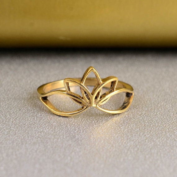 14k Yellow Gold Open Lotus Flower Ring - High Polish, Handmade, Size 11.5