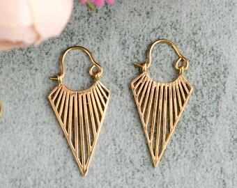 Small Gold Triangle Hoop Earrings: Geometric Dangle Hoops