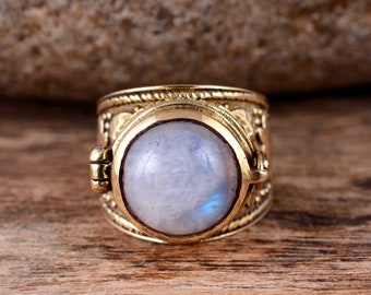 Moonstone Pill Box Ring: Secret Compartment Gemstone Ring