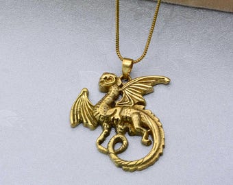 Gold Flying Dragon Necklace: Mythical Pendant Jewelry