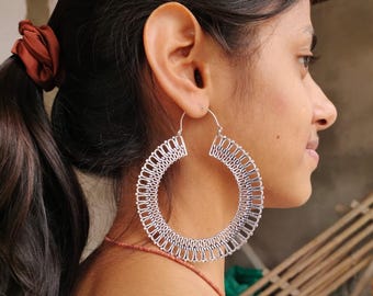 Big Silver Mandala Hoop Earrings: Boho Tribal Style