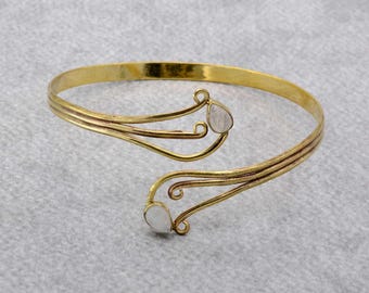 Gold Moonstone Upper Arm Cuff Arm Band Spiral Handmade Made of Brass, Jewelry