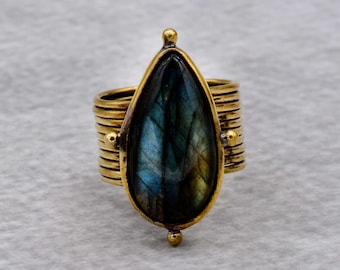 Teardrop Labradorite Ring: Wide Band Boho Gemstone Ring