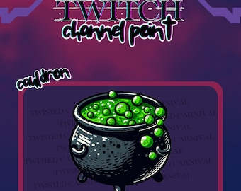 May include: A green cauldron with bubbling green liquid and a black handle. The cauldron is on a purple background with the text "TWITCH channel paint" and "cauldron" in white.