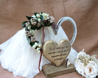 Metal wooden heart, wedding, saying, personalization, flower decoration, ribbons