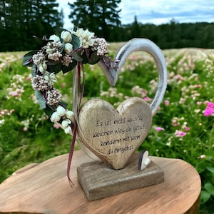 Metall Holz-Herz, Hochzeit, Spruch, Personalisierung, Blumendekoration, Bänder