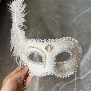Elegant white masquerade mask - Venetian ball mask with rhinestones and lace white feather mask, party mask-Gifts for her-mask-Handmade Mask