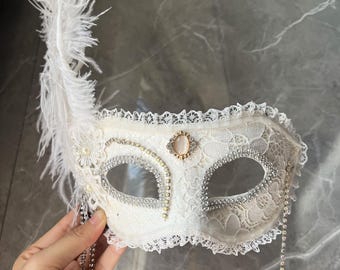 Elegant white masquerade mask - Venetian ball mask with rhinestones and lace white feather mask, party mask-Gifts for her-mask-Handmade Mask