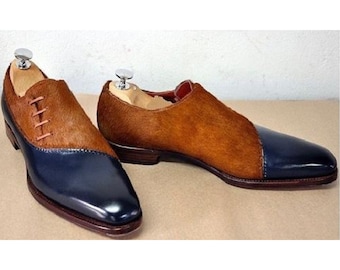 Men's Handmade Two Tone Leather Shoes | Suede  Loafer Shoes | Men's Slip On Loafer Shoes | Dress Up Formal Shoe | Wedding Wear Shoes