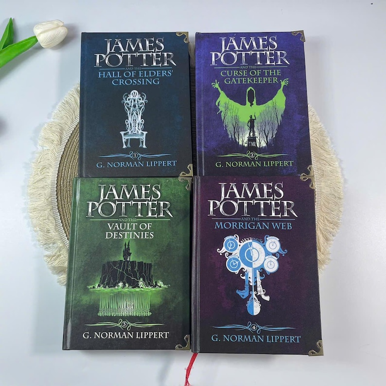 May include: Four hardcover books with the title "James Potter" and various subtitles. The covers are in shades of blue, green, and purple, each featuring unique illustrations and the author's name, G. Norman Lippert.