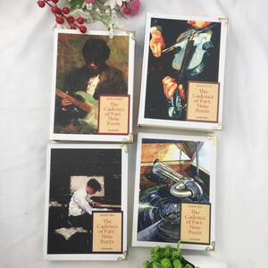 May include: Four books with white covers and gold corner accents are shown. Each book cover features a different artistic illustration of musicians playing instruments. The text "The Cadence of Part Time Poets" is visible on each book.