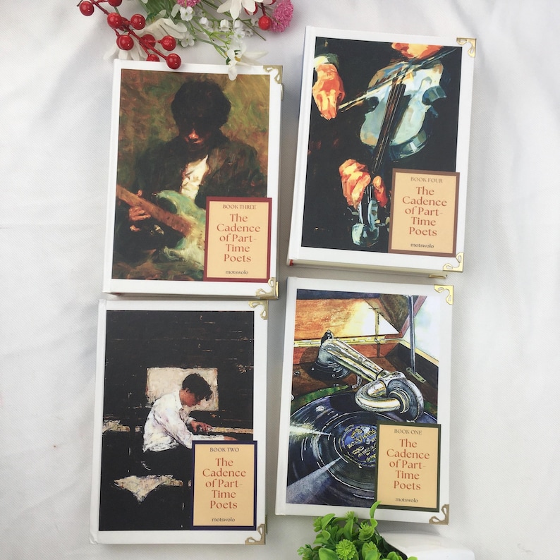 May include: Four books with white covers and gold corner accents are shown. Each book cover features a different artistic illustration of musicians playing instruments. The text "The Cadence of Part Time Poets" is visible on each book.