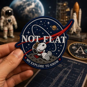May include: Embroidered patch featuring Snoopy in a space-themed design. The patch is navy blue with white text that reads "NOT FLAT" and "WE EXPLORE TO KNOW." Snoopy is wearing a pilot's cap and scarf, with a red comet-like streak across the design.
