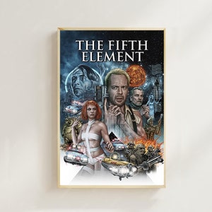 Könnte beinhalten: Ein farbenfrohes Poster mit dem Titel "Das fünfte Element" mit Figuren aus dem Film, darunter eine Frau in einem weißen Outfit, ein Mann mit einer Waffe und ein Mann mit Bart. Das Poster hat ein futuristisches und Science-Fiction-Thema.