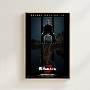 Puede incluir: Cartel de la película The Equalizer 3 con Denzel Washington en un traje negro sentado en una silla. El cartel tiene un fondo oscuro con el título "The Equalizer" en texto rojo y blanco. El texto "Justice Knows No Borders" está en texto blanco en la parte superior del cartel. El cartel también incluye el texto "Witness the Final Chapter" y "Exclusively in Movie Theaters September".