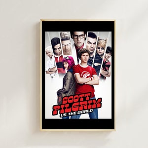 May include: A movie poster for the film "Scott Pilgrim vs. the World". The poster features a group of characters, including Scott Pilgrim, in a colorful and stylized design. The title of the film is prominently displayed in red and black lettering.