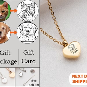 Custom Pet Portrait Necklace - Personalized Cat or Dog Memorial Gift - Pet Loss Memorial Necklace - Engraved Cat Urn Jewelry for Ashes