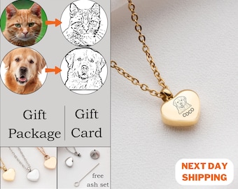 Custom Pet Portrait Necklace - Personalized Cat or Dog Memorial Gift - Pet Loss Memorial Necklace - Engraved Cat Urn Jewelry for Ashes