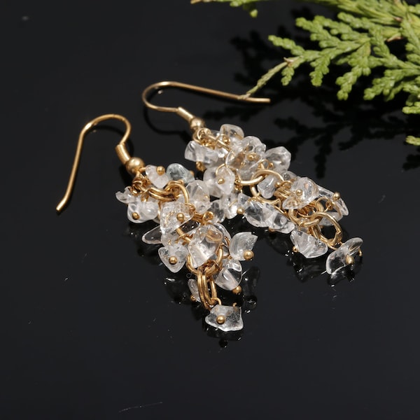 Natural Clear Crystal Uncut Chips Earring, Handmade Dangle Women Earring, Minimalist Designer Gold Plated Earrings, Wholesale Jewelry Sale