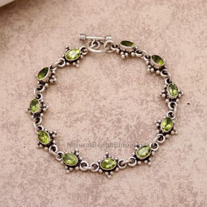 Sterling Silver Peridot Bracelet | Handmade Green Gemstone Jewelry | August Birthstone Gift for Her | Boho Style Silver Chain Bracelet Gifts