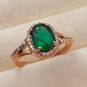 Oval Emerald Halo Ring, Rose Gold Engagement Ring, Green Gemstone Ring, Vintage Anniversary Jewelry Gift, Handmade Gift For Her And For Love